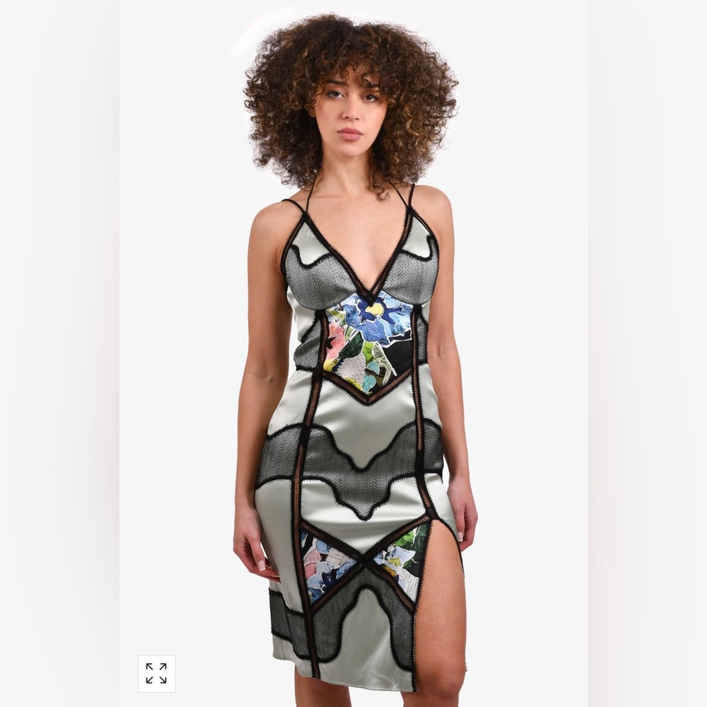 LA PERLA 2017 RTW BLUE SILK/BLACK FISHNET BUSTIER MIDI DRESS